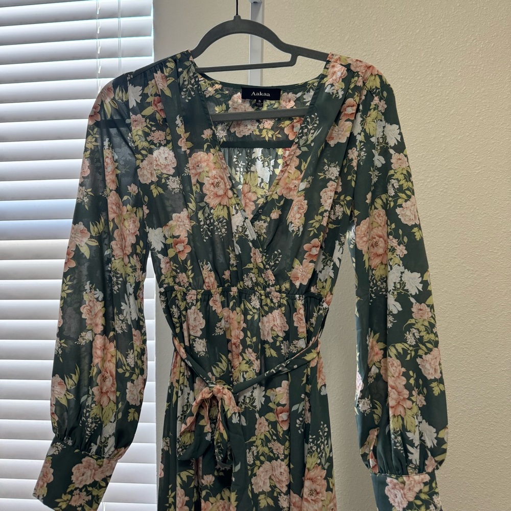 Green and pink floral maxi dress - long sleeves and lightweight